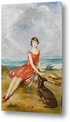   Постер Портрет молодой девушки с ее собакой на берегу моря