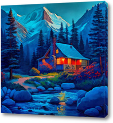   Картина Маленький домик в горах рядом с горной речкой. Первые лучи рассвета. 
