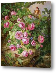   Картина Большие розы.Натюрморт с бабочками и птицами