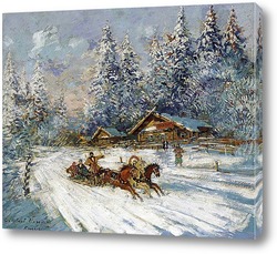   Постер Тройка лошадей скачущая по снегу