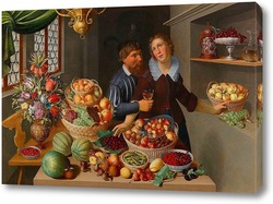   Постер Большой Натюрморт с фруктами, овощами и цветами и пара