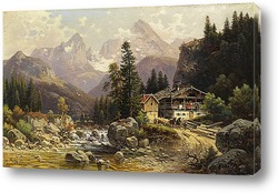   Картина Альпийский пейзаж с мельницей