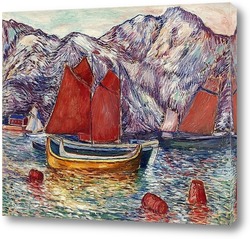    Пейзаж Фьорда с парусными лодками
