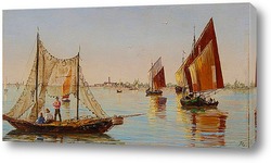    Басино-ди-Сан-Марко в Венеции.Рыбаки на венецианской лагуне (пар