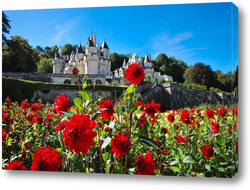   Постер Замок Юссе, долина Луары, Франция летним солнечным днем на фоне цветущих красных георгинов