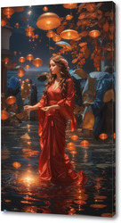    «Грация над водой: Девушка в красном платье и воздушные свечи»