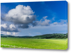    Пейзаж с холмистым рельефом и зеленой травой.