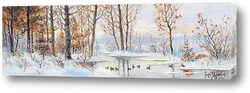  Зимний пейзаж с семьей лосей