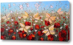    Картина маслом. Маковое поле с бабочками.  Холст 30х60