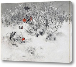   Постер Зимний пейзаж с снегирями