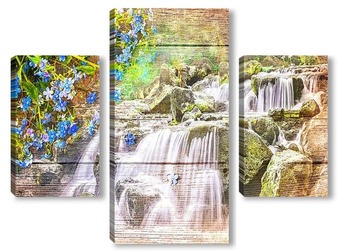 Модульная картина Водопад и синие цветы