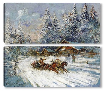 Модульная картина Тройка лошадей скачущая по снегу