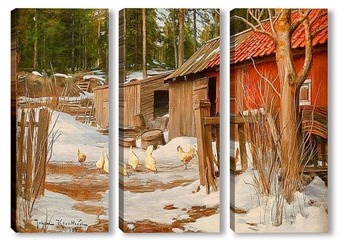 Модульная картина Конец зимы, с хозяйственными постройками и клюют куры