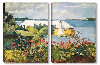 Модульная картина Цветочный сад и коттедж.Бермуды