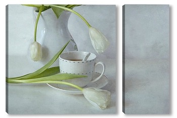 Модульная картина Чашка чая и белые тюльпаны