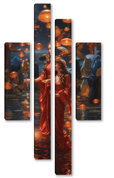 Модульная картина «Грация над водой: Девушка в красном платье и воздушные свечи»