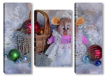 Модульная картина Новогодняя композиция с крыской Лариской и елочками игрушками