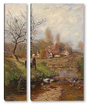 Модульная картина Весенний пейзаж с двумя детьми и гусями