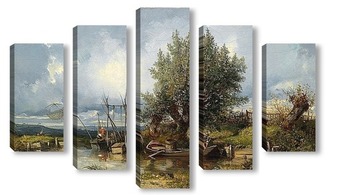 Модульная картина Речной пейзаж с рыбаками