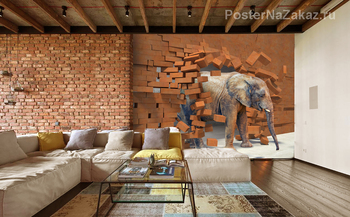 Фотообои 3D Слон из каменной стены